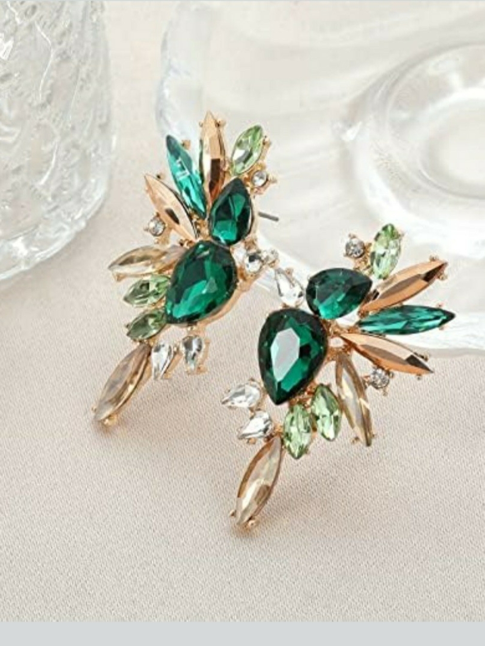 Emerald Teardrop Crystal Cluster Earrings - Green